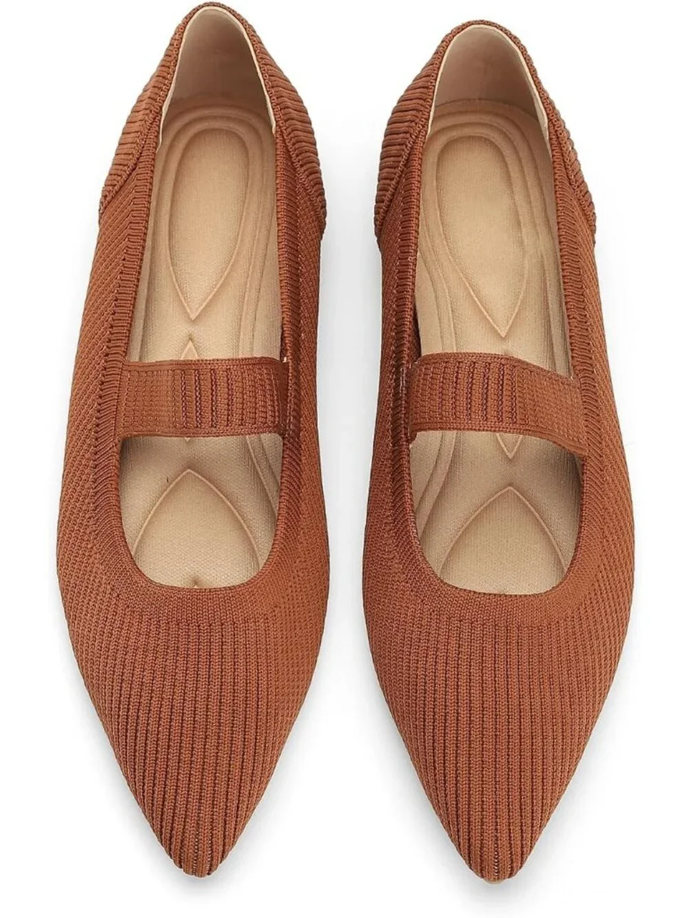 Women All Brown Comfortable Pointed Toe Knit Foldable Slip On Ballet Flat Shoes